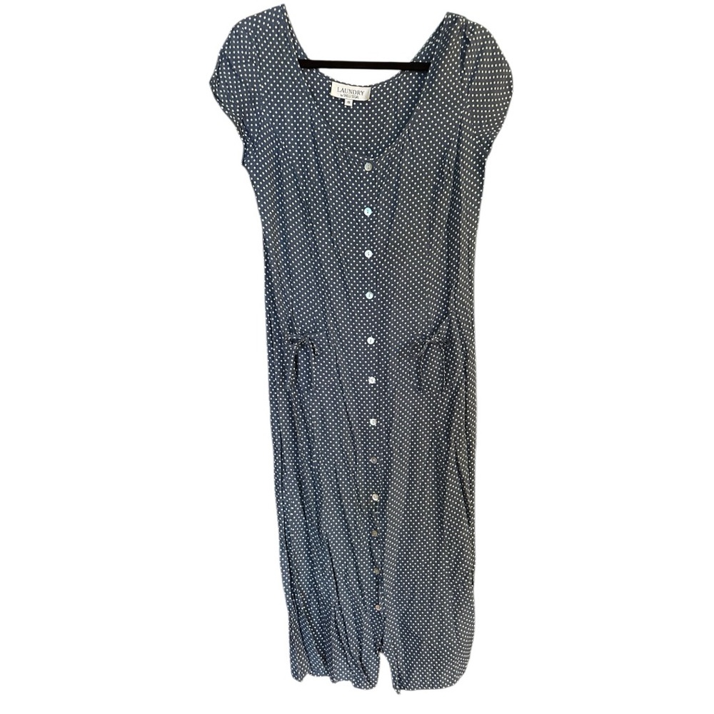 Laundry Shelli Segal Vintage Blue Ivory‎ Polka Dot dress retro casual feminine 8